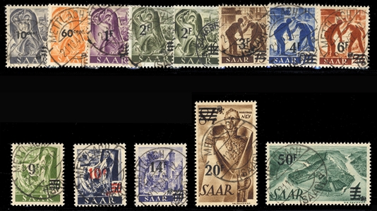 SAAR (187a-97a) 1948 Urdruck, complete set used, mostly "Mettlach 21.12.47" cds, signed "Arge Saar", fine-v.f.  It is generally acknowledged that the Mettlach cancel has been misused, hence this...