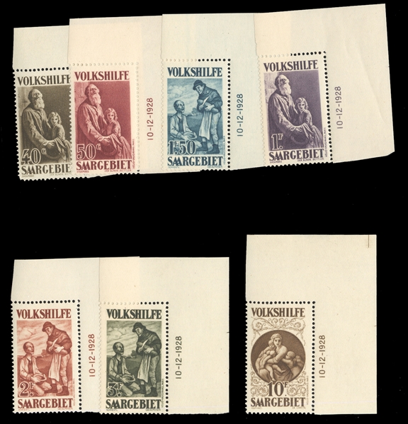 SAAR Semi-Postals (B9-15) 1928 Volkshilfe (Madonna,etc.), complete set of matching upper right sheet corner margin and date (10-12-1928) singles, hinged in margin only, stamps n.h., v.f....