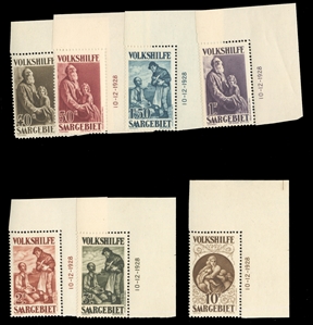 SAAR Semi-Postals (B9-15) 1928 Volkshilfe (Madonna,etc.), complete set of matching upper right sheet corner margin and date (10-12-1928) singles, hinged in margin only, stamps n.h., v.f....