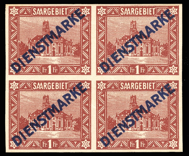 SAAR Officials (O15var) 1922-23 1fr brown red, type II, imperf. block of four, top stamps hinged, bottom stamps n.h., few natural gum wrinkles, fine-v.f. (Mi.11IIU) €2,600