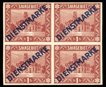 SAAR Officials (O15var) 1922-23 1fr brown red, type II, imperf. block of four, top stamps hinged, bottom stamps n.h., few natural gum wrinkles, fine-v.f. (Mi.11IIU) €2,600