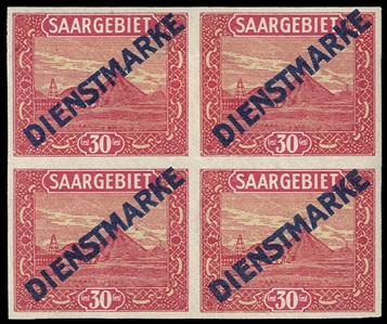 SAAR Officials (O3,O9,O10var) 1922-23 10c green, 25c magenta and straw and 30c carmine and yellow, imperf. blocks of four, each with top stamps hinged, bottom stamps n.h., few natural gum...