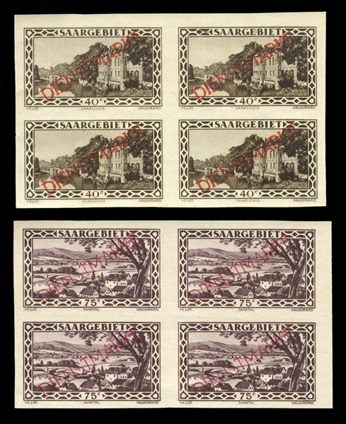 SAAR Officials (O21,24var) 1927-34 40c olive brown and 75c brown violet, imperf. blocks of four, top stamps hinged, bottom stamps n.h., natural gum wrinkles, fine-v.f. (Mi.17,19U) €2,200