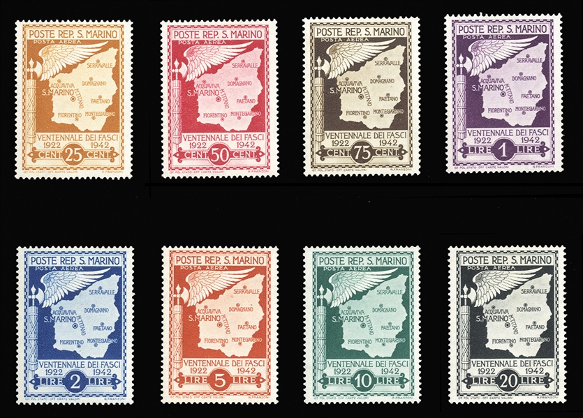 SAN MARINO Air Post 1943 25c-20L, unissued set of eight without overprint, l.h., fine-v.f. This set was originally intended to commemorate 20 years of Fascism but was overprinted after the...