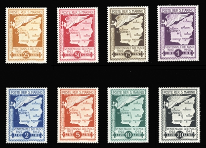SAN MARINO Air Post 1943 25c-20L, unissued set of eight without overprint, l.h., fine-v.f. This set was originally intended to commemorate 20 years of Fascism but was overprinted after the...