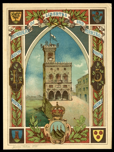 SAN MARINO Postal Stationery ( Sass.1) 1894 5 Lire polychrome, large unused stationery entire envelope, fresh and v.f., with Sintoni certificate.  A beautiful 19th Century postal stationery...