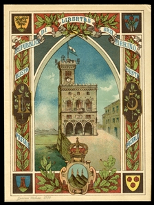 SAN MARINO Postal Stationery ( Sass.1) 1894 5 Lire polychrome, large unused stationery entire envelope, fresh and v.f., with Sintoni certificate.  A beautiful 19th Century postal stationery...