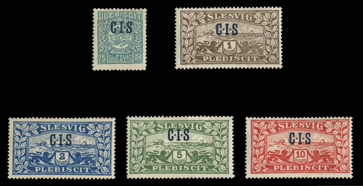SCHLESWIG Officials (O10-14) 1920 C.I.S. overprints, 75pf-10m high values, five different, h.r., fine-v.f., signed Mikulski, etc., cat. $1,210
