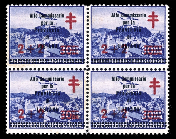 SLOVENIA Italian Occupation (Sass.57-60) 1941 Red Cross, complete set of four blocks of four, l.h. at top, bottom pairs n.h., some minor gum toning, mostly fine-v.f., with cert. (catalogue value...