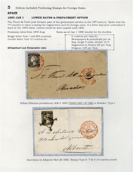 SPAIN (1) 1850 6c black, margins all around, tied by red "Bilbao Vizcaya 3 JAN 1850" pmk - Third day of usage (repeated at right) on outer FL to Rivadeo, filing fold away from the stamp, fine....