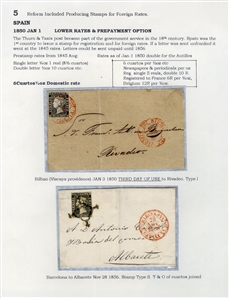 SPAIN (1) 1850 6c black, margins all around, tied by red "Bilbao Vizcaya 3 JAN 1850" pmk - Third day of usage (repeated at right) on outer FL to Rivadeo, filing fold away from the stamp, fine....