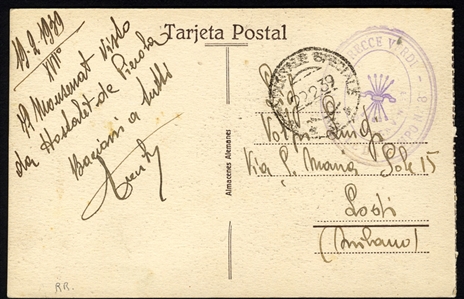 SPAIN 1939 (22 Feb) picture postcard (Montserrat Monastery), with "Recce Verdi" military hs, fine usage from the Italian Aviation Squadron (during the Spanish Civil War, Italian pilots fought...