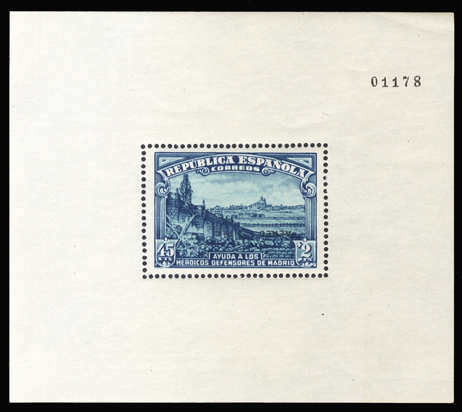 SPAIN Air Post Semi-Postals (CB6d) 1938 Defense of Madrid souvenir sheet, surcharge inverted, n.h., v.f. and scarce in such condition, signed Galvez, with 1995 Philatelic Foundation certificate....