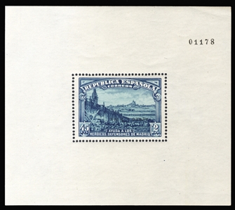 SPAIN Air Post Semi-Postals (CB6d) 1938 Defense of Madrid souvenir sheet, surcharge inverted, n.h., v.f. and scarce in such condition, signed Galvez, with 1995 Philatelic Foundation certificate....