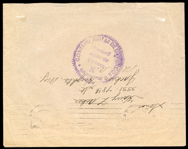 SPAIN Military Mail 1938 cover (with letter) to the United States, sent by an American volunteer in the Loyalist Army, captured by the Franco forces in 1938, violet "Cenzura Militar de Correos...