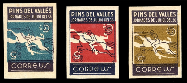 SPAIN Spanish Local Issues 1937 "Pins Del Valles Jornades de Julial del 36", three different 5c values, each color of center inverted, n.h., v.f., with APS certificates, also the normal set,...
