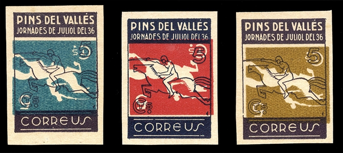 SPAIN Spanish Local Issues 1937 "Pins Del Valles Jornades de Julial del 36", three different 5c values, each color of center inverted, n.h., v.f., with APS certificates, also the normal set,...