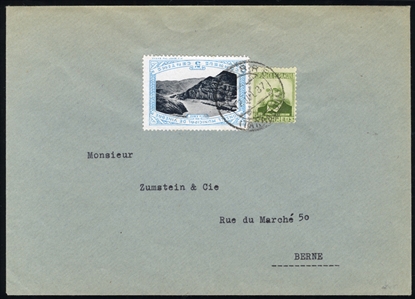 SPAIN Spanish Local Issues 1937 "Vinebre Sofima", 5c light blue and black (River Ebre) center inverted, used in combination with government franking on cover addressed to Zumstein and Co. in...