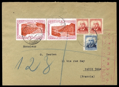 SPAIN Spanish Local Issues 1937 Vinebre Sofima, 5c rose and orange (River Ebre) horizontal tete-beche pair, centers inverted, used in combination with government franking on registered cover...