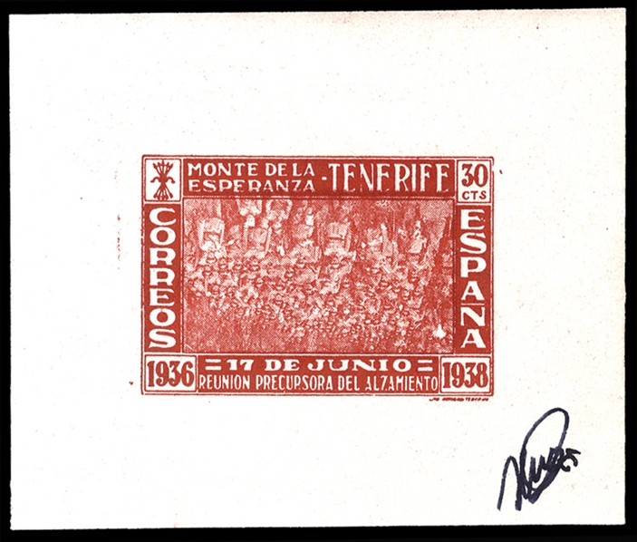 SPAIN Spanish Local Issues 1938 Tenerife, 30c carmine and pink imperf. souvenir sheet, center inverted, artist signed in margin, l.h., v.f., signed Roig, with 2002 Alex Rendon certificate,...