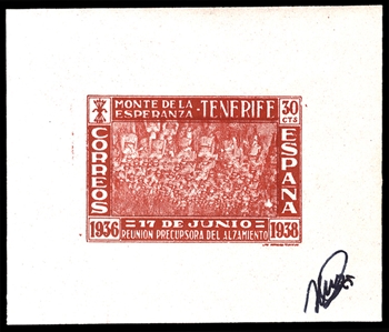 SPAIN Spanish Local Issues 1938 Tenerife, 30c carmine and pink imperf. souvenir sheet, center inverted, artist signed in margin, l.h., v.f., signed Roig, with 2002 Alex Rendon certificate,...