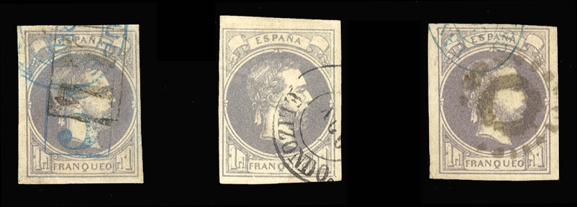 SPAIN Carlist Stamps (X3) 1874 1r violet, three used singles, each with a different postmark, margins all around, signed Roig, etc., with individual EXFIMA certificates, v.f. group (Ed.158, Euro...