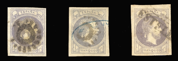 SPAIN Carlist Stamps (X3) 1874 1r violet, three used singles, each with a different postmark, margins all around, signed Roig, etc., with individual COMEX or EXFIMA certificates (Ed.158, Euro...