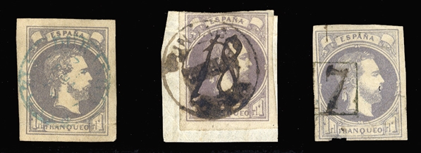 SPAIN Carlist Stamps (X3) 1874 1r violet, three used singles, each with a different postmark, one with pen cancel "18", tied on piece, margins all around, creases or thin spots, signed Roig,...
