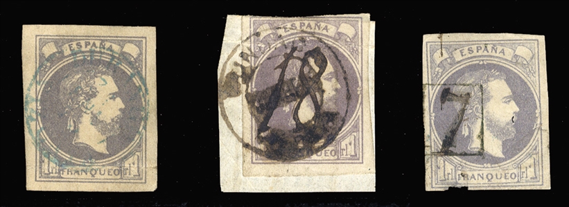 SPAIN Carlist Stamps (X3) 1874 1r violet, three used singles, each with a different postmark, one with pen cancel "18", tied on piece, margins all around, creases or thin spots, signed Roig,...
