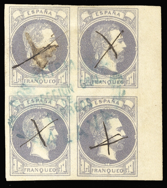 SPAIN Carlist Stamps (X3) 1874 1r violet, sheet margin block of four, each stamp pen canceled, additional large postal cancellation, faint thinning at top, otherwise v.f., rare block, signed...
