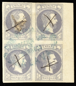 SPAIN Carlist Stamps (X3) 1874 1r violet, sheet margin block of four, each stamp pen canceled, additional large postal cancellation, faint thinning at top, otherwise v.f., rare block, signed...
