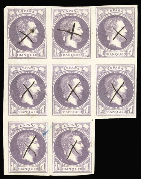 SPAIN Carlist Stamps (X3) 1874 1r violet, block of eight, each stamp pen canceled, folded between stamps at right and at bottom, scissors cut and middle bottom stamp defective, otherwise fine. ...