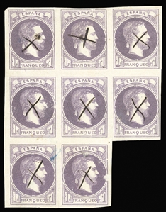 SPAIN Carlist Stamps (X3) 1874 1r violet, block of eight, each stamp pen canceled, folded between stamps at right and at bottom, scissors cut and middle bottom stamp defective, otherwise fine. ...