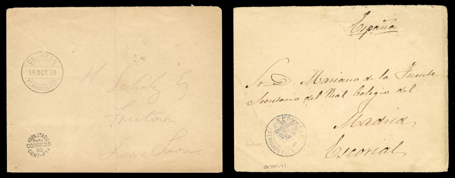 SPANISH COLONIES Fernando Po 1893-99 two stampless covers, each with "Habilitado Correos Para 50 Cent-PTA" franking hs in black or blue, the former addressed to Madrid, with arrival pmk,...