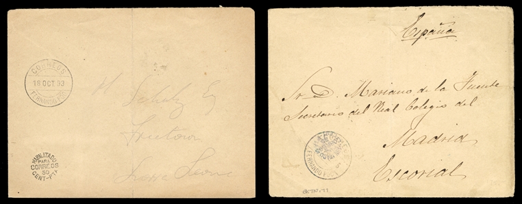 SPANISH COLONIES Fernando Po 1893-99 two stampless covers, each with "Habilitado Correos Para 50 Cent-PTA" franking hs in black or blue, the former addressed to Madrid, with arrival pmk,...