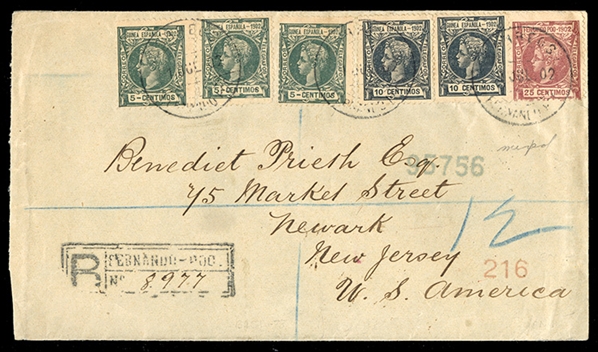 SPANISH COLONIES Fernando Po 1902 (1 July) registered cover to USA, franked with 25c, used in combination with Spanish Guinea 5c (3) and 10c (2), with Liverpool (12 Dec) transit and New York...