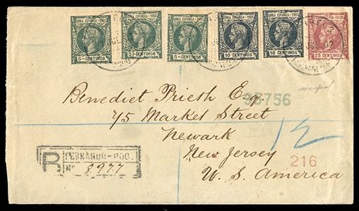 SPANISH COLONIES Fernando Po 1902 (1 July) registered cover to USA, franked with 25c, used in combination with Spanish Guinea 5c (3) and 10c (2), with Liverpool (12 Dec) transit and New York...