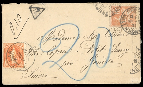 SWITZERLAND 1901 cover from Lyon to Switzerland, with 15c orange, tied by departure pmk, charged "0.10" on arrival, with 20rp orange added and tied by Petit Lancy (31.XII.01) cds, blue crayon...
