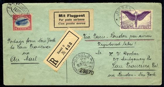 SWITZERLAND Air Post 1925 cover from Basel to USA, franked with 1fr violet and on arrival in San Francisco a 24c Jenny was added and canceled by oval "San Francisco Ferry" pmk, apparently...