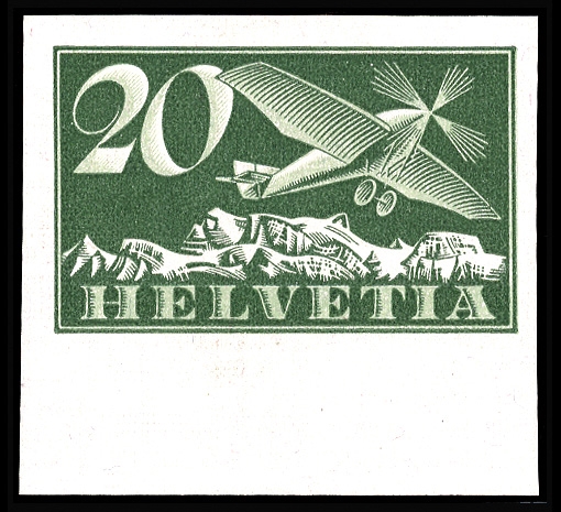 SWITZERLAND Air Post (C4a,var) 1937 20c green, imperforate, sheet margin single, l.h., v.f., with 1977 Rellstab certificate (Zumstein 4z, SFr 5,000 as hinged)