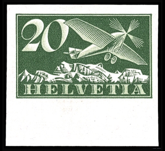 SWITZERLAND Air Post (C4a,var) 1937 20c green, imperforate, sheet margin single, l.h., v.f., with 1977 Rellstab certificate (Zumstein 4z, SFr 5,000 as hinged)