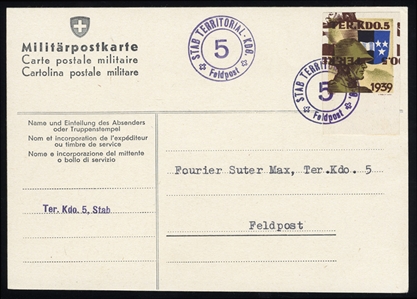 SWITZERLAND Military Mail 1939 Ground Troops Unit 5, imperf. proof single, brown color printed twice, one inverted, tied by philatelically inspired (by Max Suter who was in charge of stamp...