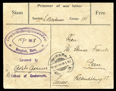 THAILAND 1918 (15 Jan) preprinted Prisoner of War cover to Switzerland, from Camp III, sent stampless, with oval "Camp for families of Prisoners of War, Bangkok, Siam" purple hs, censored,...