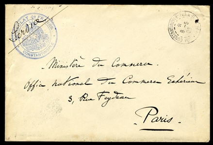 TURKEY 1905 (8 May) cover sent free from the French Consulate in Constantinople to Paris, endorsed "Service", with a consular seal applied on both sides, backstamped on arrival