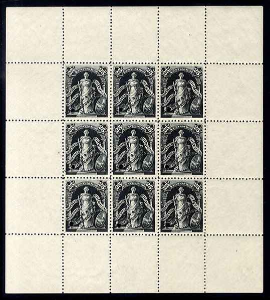URUGUAY (89S) 1889 25c Liberty, perforated sheetlet of nine in dark gray, each stamp with security punch and overprinted "Waterlow & Sons Ltd - Specimen", v.f.