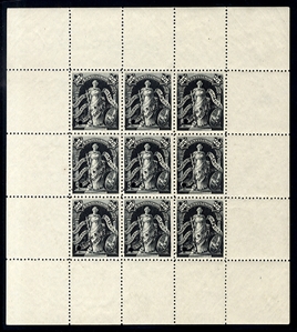 URUGUAY (89S) 1889 25c Liberty, perforated sheetlet of nine in dark gray, each stamp with security punch and overprinted "Waterlow & Sons Ltd - Specimen", v.f.