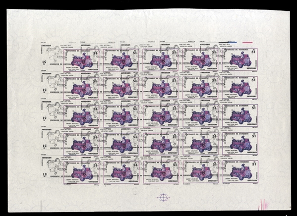 URUGUAY (1275var) 1988 N$51 Centenary of Fire Department, imperf. sheet of 25 stamps on watermarked, gummed paper with double impression of black, one inverted and misplaced, n.h., v.f.