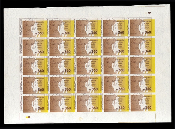 URUGUAY (1400var) 1991 N$360 Margarita Xirgu, two imperforate sheets of 25, one with light brown color completely omitted and yellow inverted, the other with brown color inverted, n.h., v.f.,...