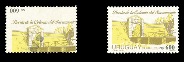 URUGUAY (1377var) 1992 Entrance to Sacramento Colony, $600 brown and yellow colors misplaced, black color inverted, fine used, with 2007 Carlos Hernandez Rocha certificate ("original and the...