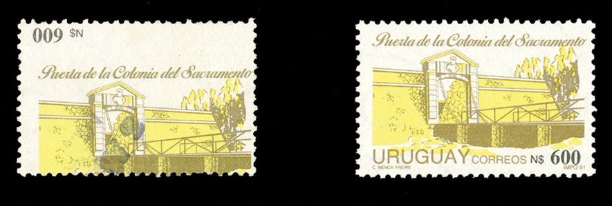 URUGUAY (1377var) 1992 Entrance to Sacramento Colony, $600 brown and yellow colors misplaced, black color inverted, fine used, with 2007 Carlos Hernandez Rocha certificate ("original and the...